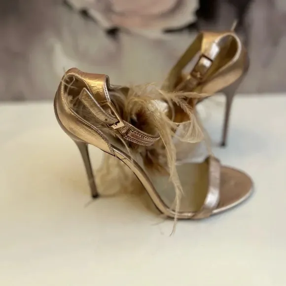 ! B Brian Atwood Laracca Feather Rose Gold Bronze Metallic Sandals 6!