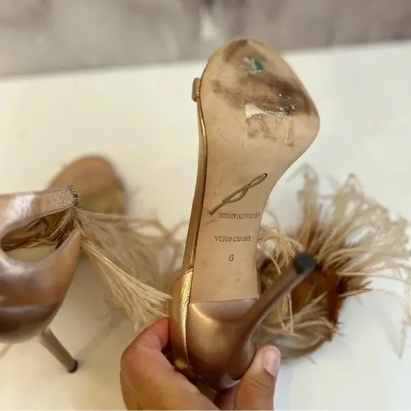! B Brian Atwood Laracca Feather Rose Gold Bronze Metallic Sandals 6!