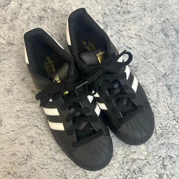 Adidas Originals Superstar Black White Gold Sneakers Shoes Size 5.5 Trefoil
