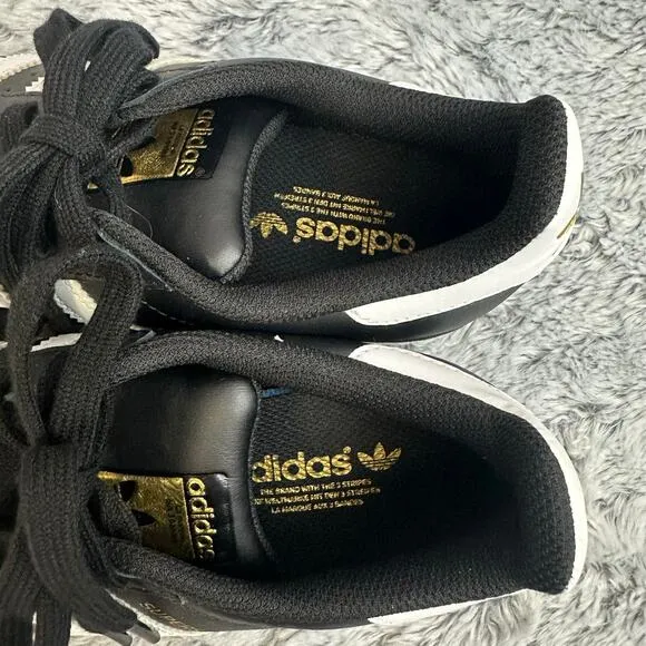 Adidas Originals Superstar Black White Gold Sneakers Shoes Size 5.5 Trefoil
