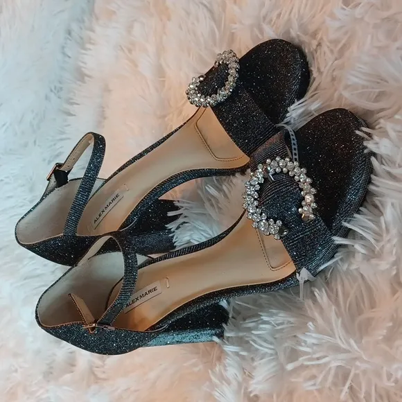 Alex Marie Velvet Rhinestone Buckle Detail Black &amp; Silver Platform Dress Shoes