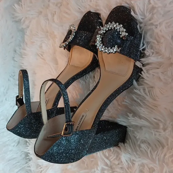 Alex Marie Velvet Rhinestone Buckle Detail Black &amp; Silver Platform Dress Shoes