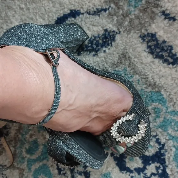 Alex Marie Velvet Rhinestone Buckle Detail Black &amp; Silver Platform Dress Shoes