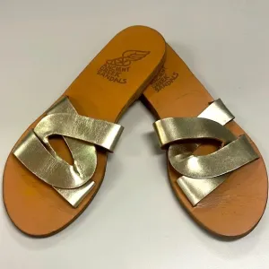 Ancient Greek Sandals tanned leather with gold leather uppers. Size 37