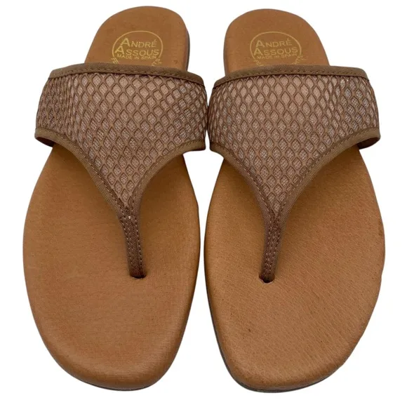 Andre Assous Womens Shoes Paige Sandals Sz 9.5 Brown Mesh Leather Flat Thong