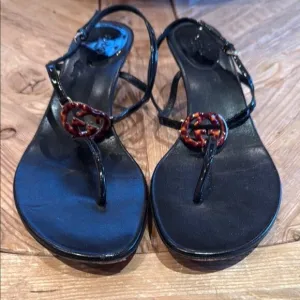 Authentic Gucci logo black kitten heel sandal Women's 10