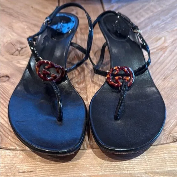 Authentic Gucci logo black kitten heel sandal Women's 10