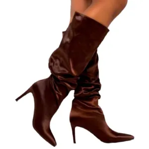 AZALEA WANG Chocolate Brown Nylon Slouchy Knee High Stiletto Boots