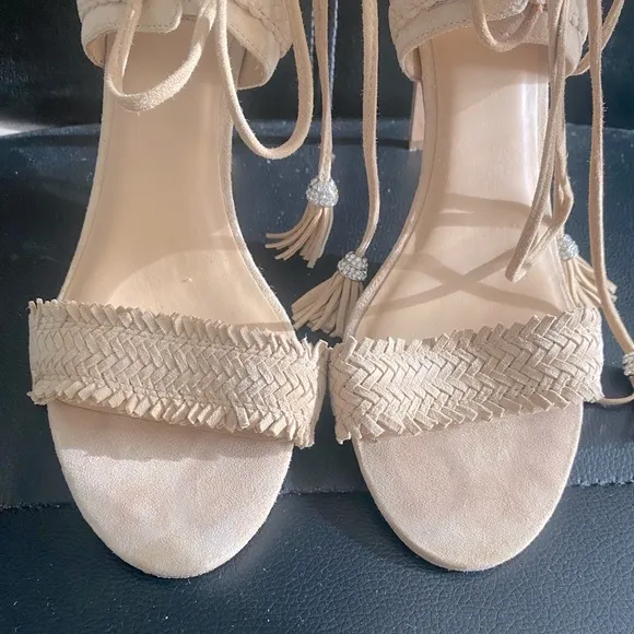 BADGLEY MISCHKA BOMBAY Stiletto Heeled Suede Sandals Nude/Cream Size 10