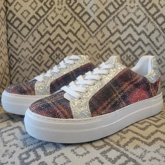 Betsey Johnson Olean Plaid Swarovski Crystal Plaid Sneakers NWOT
