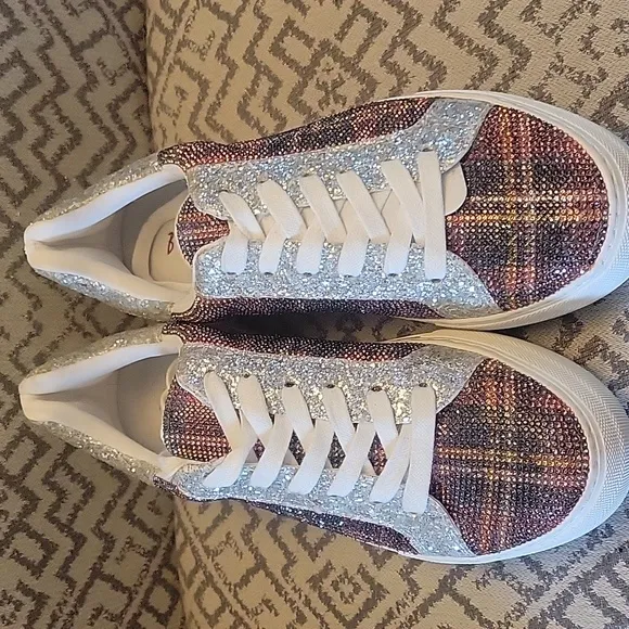 Betsey Johnson Olean Plaid Swarovski Crystal Plaid Sneakers NWOT