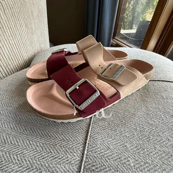 Birkenstock Two-Tone Sandals in Beige and Burgundy
