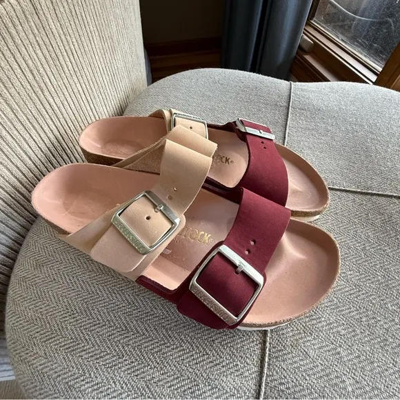 Birkenstock Two-Tone Sandals in Beige and Burgundy