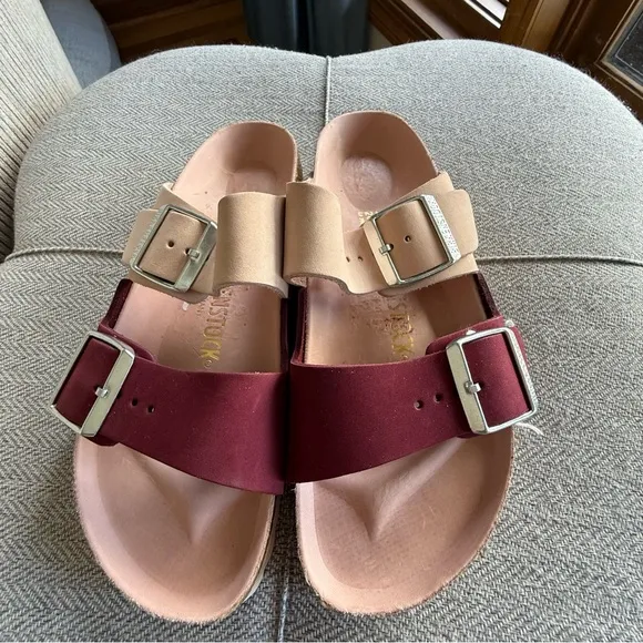 Birkenstock Two-Tone Sandals in Beige and Burgundy