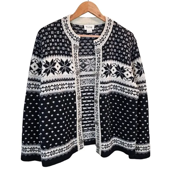 Cambridge Dry Goods 100% Wool Fair Isles Nordic Cardigan Sweater Large Hygge