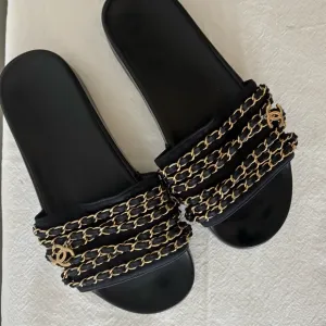 Chanel Black and Gold Women's Slide Sandals