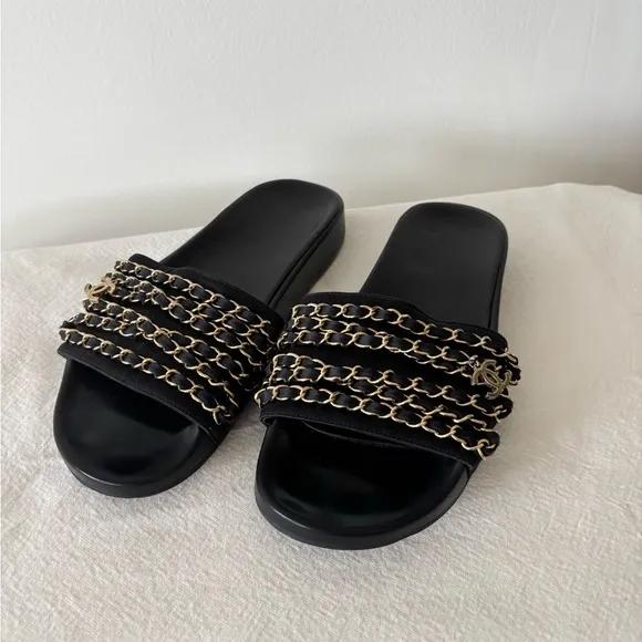 Chanel Black and Gold Women's Slide Sandals