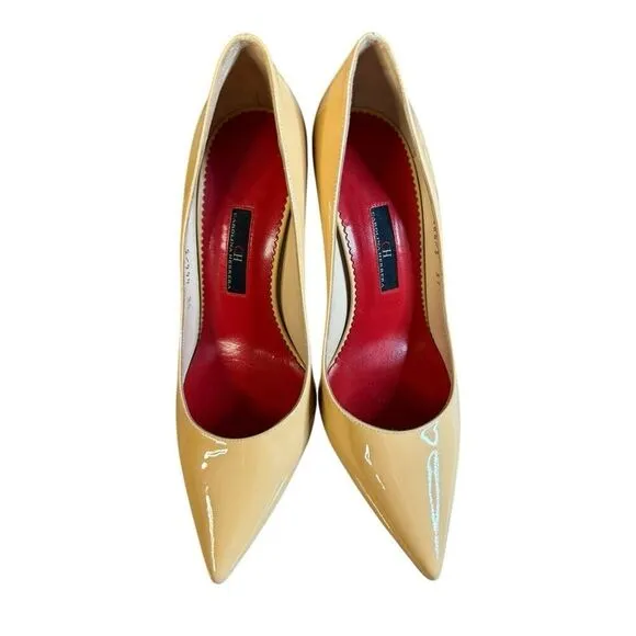 CH Carolina Herrera Patent Leather Heels Beige Red Sole Pumps Size US 6.5 / EU37
