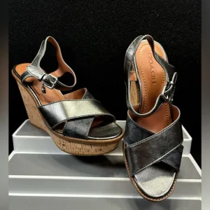 Coach High Wedge Espadrille Cross‎ Band Silver/Gray Logo Size 10B  Buckle Charm