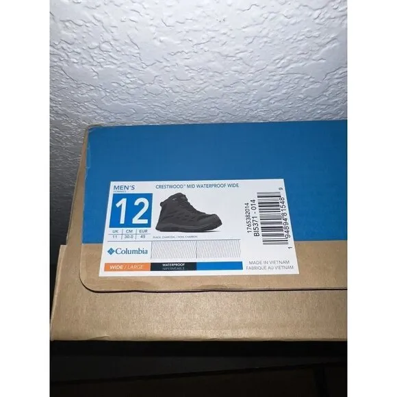 Columbia Crestwood Mid Waterproof Hiking Boots for Men 12 Wide W/Box Grey