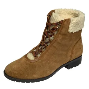 Crown &amp; Ivy Cognac Leather Suede Hiking Sherling Lined Lace Up Boots NEW Size 7