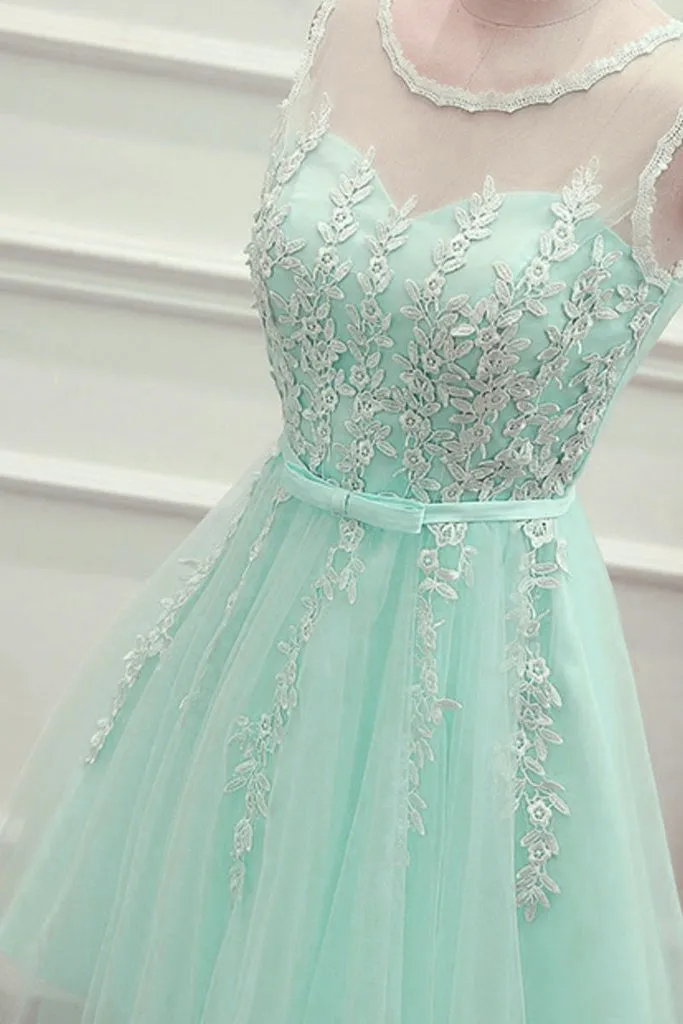 Cute Mint Green Tulle Short Party Dress with Lace Applique, Homecoming Dress
