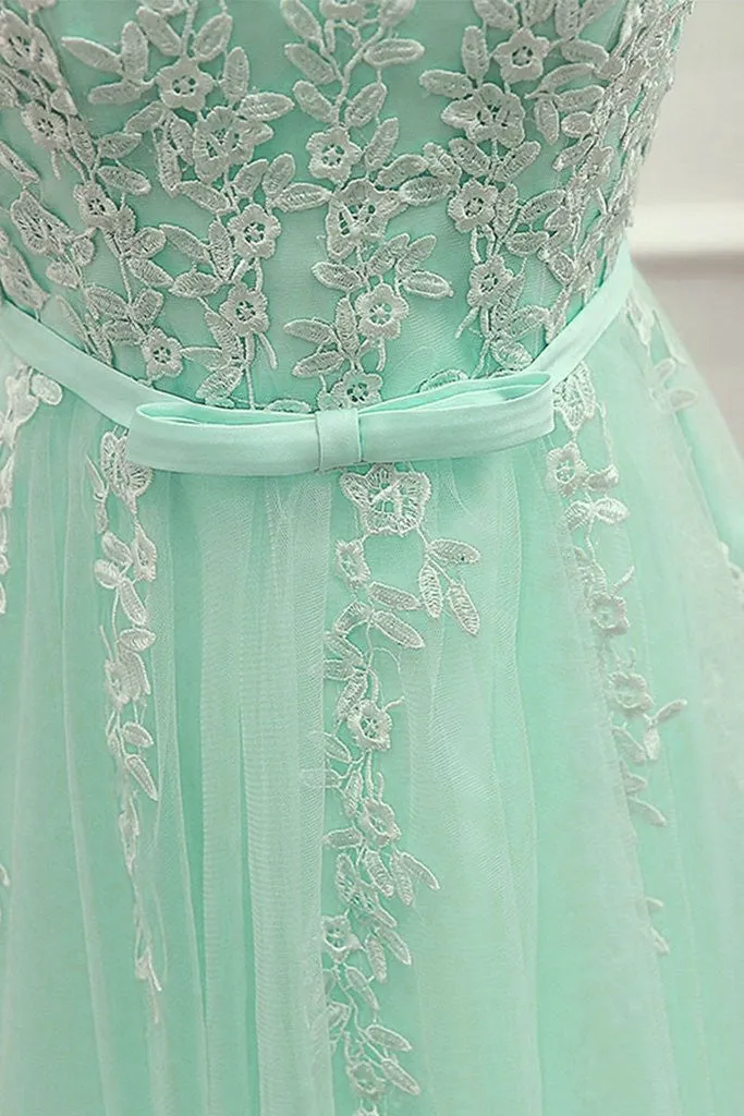 Cute Mint Green Tulle Short Party Dress with Lace Applique, Homecoming Dress
