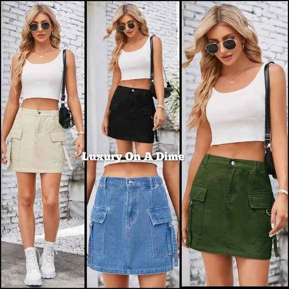 Denim Mini 90s Retro Cargo Side Pocket High-Rise Elastic Waist Black Jean Skirt