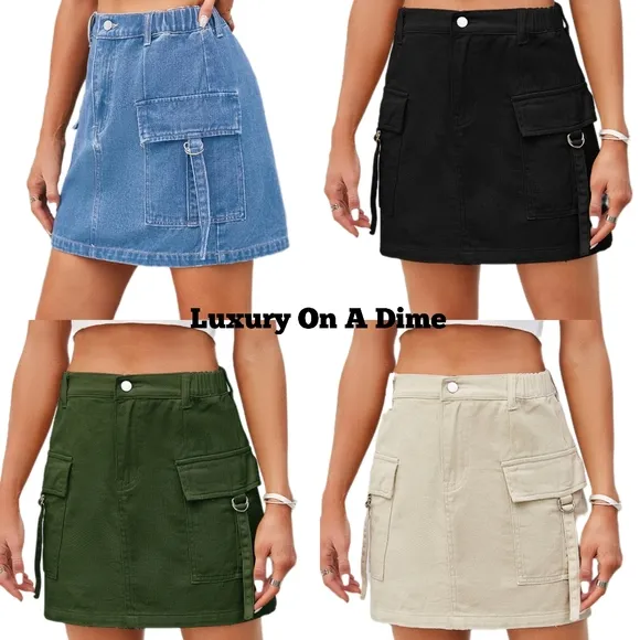 Denim Mini 90s Retro Cargo Side Pocket High-Rise Elastic Waist Black Jean Skirt