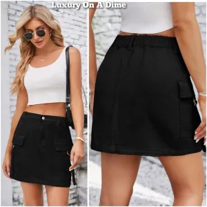Denim Mini 90s Retro Cargo Side Pocket High-Rise Elastic Waist Black Jean Skirt