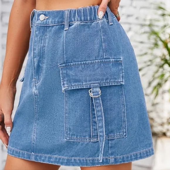 Denim Mini 90s Retro Cargo Side Pocket High-Rise Elastic Waist Blue Jean Skirt