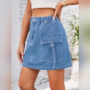 Denim Mini 90s Retro Cargo Side Pocket High-Rise Elastic Waist Blue Jean Skirt