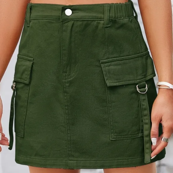 Denim Mini 90s Retro Cargo Side Pocket High-Rise Elastic Waist Green Jean Skirt
