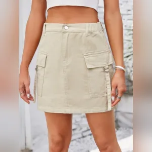 Denim Mini 90s Retro Cargo Side Pocket High-Rise Elastic Waist Khaki Jean Skirt
