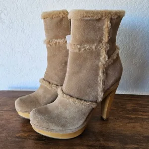 Diane Von Furstenberg Brazil Size 7.5 Suede Fur Stiletto Wooden Snow Bunny Boots