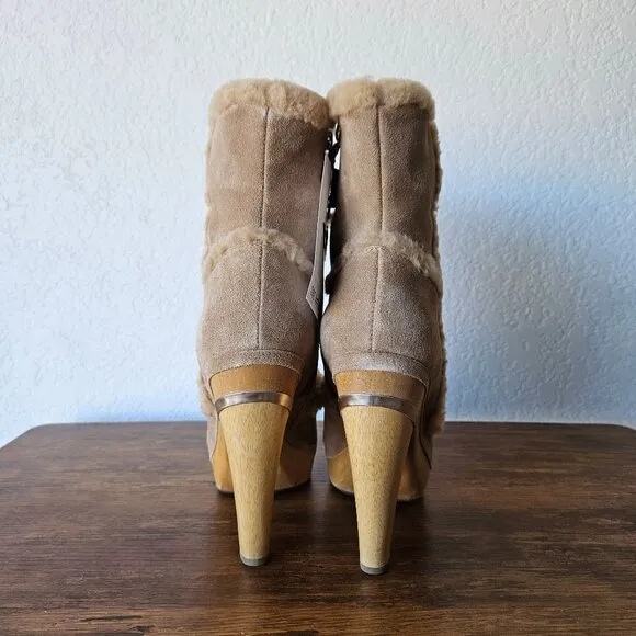 Diane Von Furstenberg Brazil Size 7.5 Suede Fur Stiletto Wooden Snow Bunny Boots