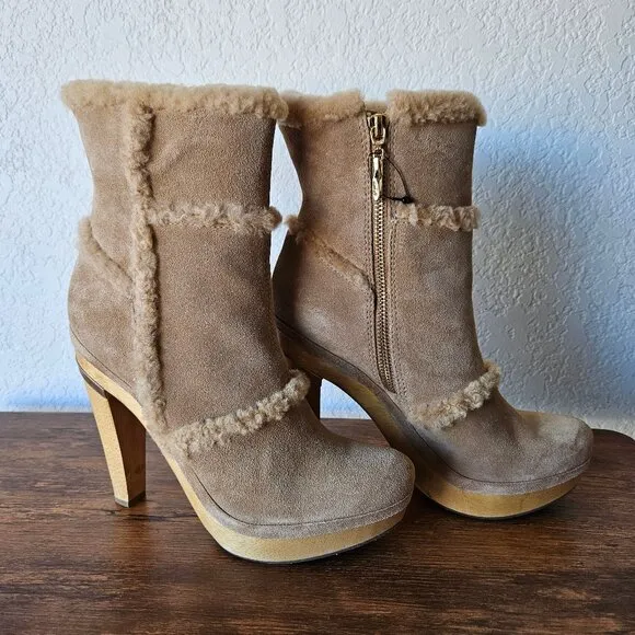 Diane Von Furstenberg Brazil Size 7.5 Suede Fur Stiletto Wooden Snow Bunny Boots