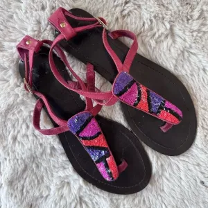 DVF Sequin Embellished Gladiator Sandals in Geometric Pink and Purple 5.5