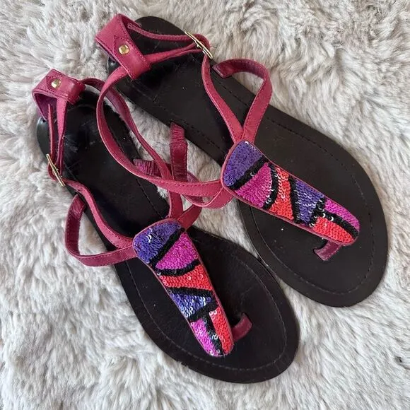 DVF Sequin Embellished Gladiator Sandals in Geometric Pink and Purple 5.5