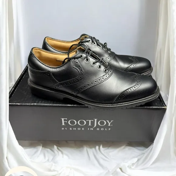 FootJoy ICON Shield Tip Golf Shoes – Black Leather Wingtip Size 8.5M