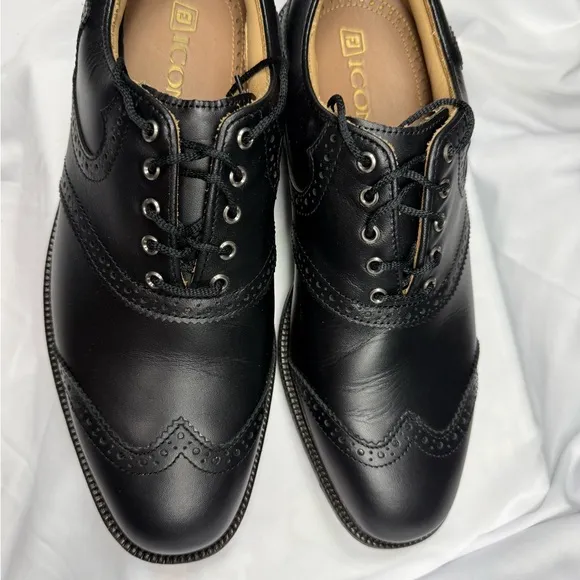 FootJoy ICON Shield Tip Golf Shoes – Black Leather Wingtip Size 8.5M