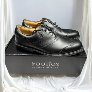 FootJoy ICON Shield Tip Golf Shoes – Black Leather Wingtip Size 8.5M