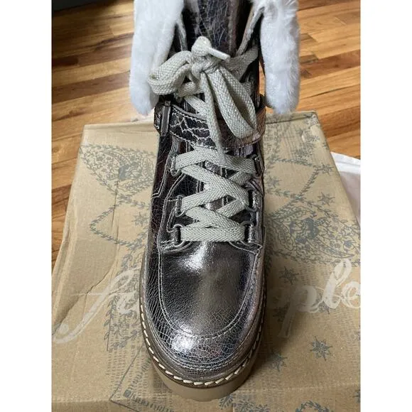 Free People Cozy Jasper Hiker Ankle Boots Pale Pewter Leather Size 10