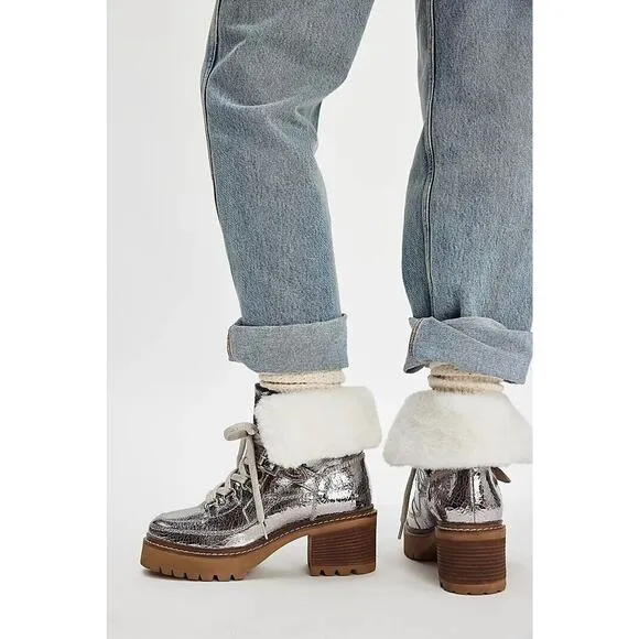 Free People Cozy Jasper Hiker Ankle Boots Pale Pewter Leather Size 10