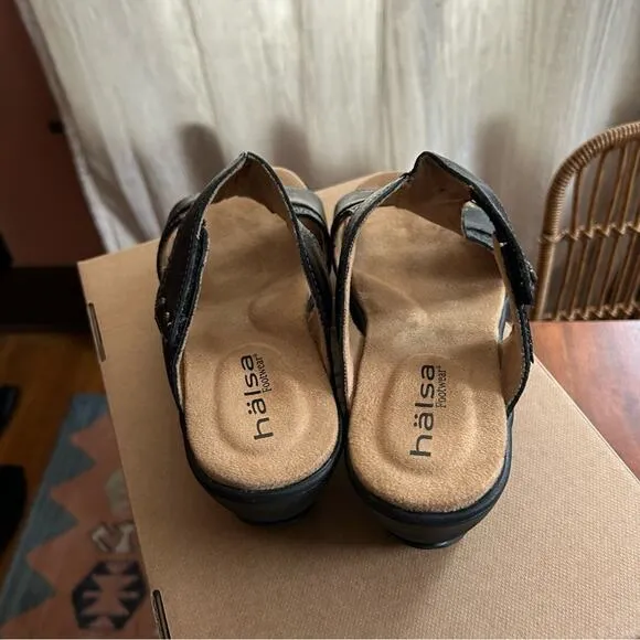 Halsa Footwear Cassandra Leather Sandals Slip On Heel Black NEW Size 7W