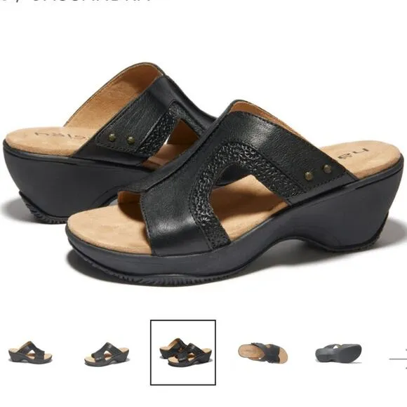 Halsa Footwear Cassandra Leather Sandals Slip On Heel Black NEW Size 7W