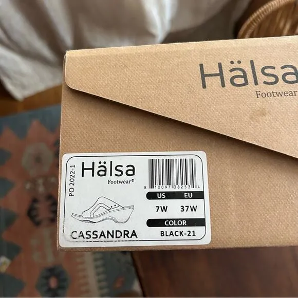 Halsa Footwear Cassandra Leather Sandals Slip On Heel Black NEW Size 7W