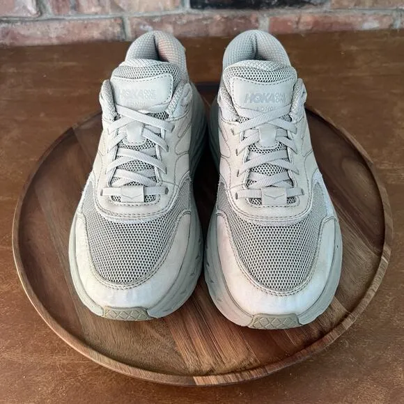 HOKA ONE ONE Bondi L Dune Oxford Tan Leather Mesh Shoes Sneakers Women's 8.5