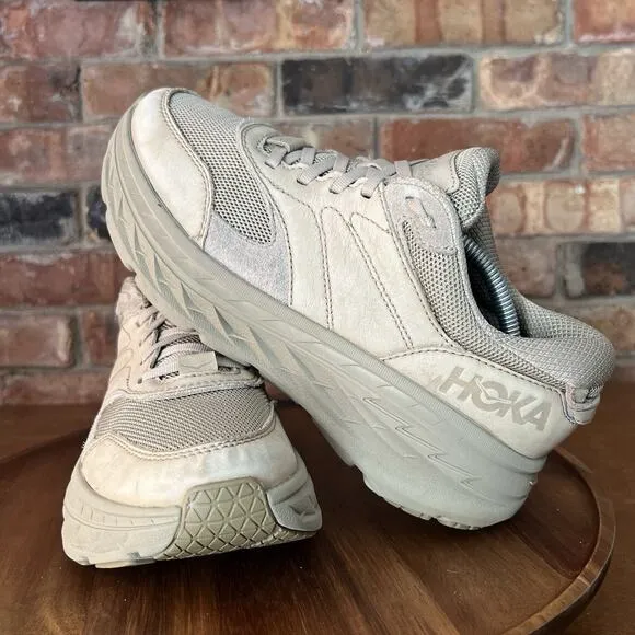 HOKA ONE ONE Bondi L Dune Oxford Tan Leather Mesh Shoes Sneakers Women's 8.5