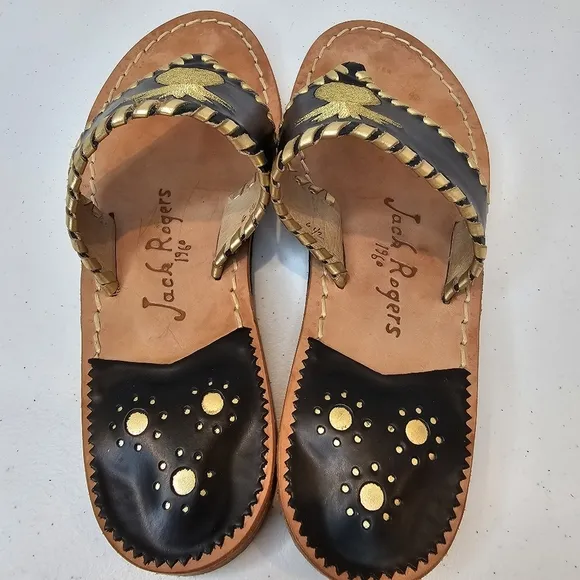 Jack Rogers Pineapple Embroidered Sandals Women's Size  6.5 Black Gold Summer